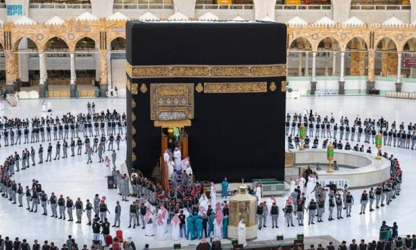 Deputy Emir of Makkah Prince Badr bin Sultan leading the annual ceremonial washing of the Holy Kaaba in Makkah on Wednesday.