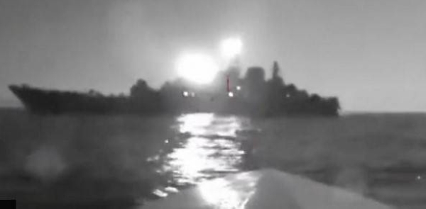 Image captured from video supplied by Ukraine's security services shows the drone hitting a Russian vessel