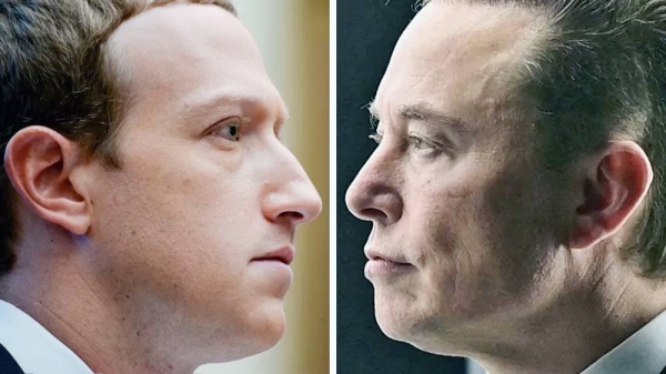 Composite image showing Mark Zuckerberg and Elon Musk in profile, as though staring at each other from close proximity. — courtesy Reuters