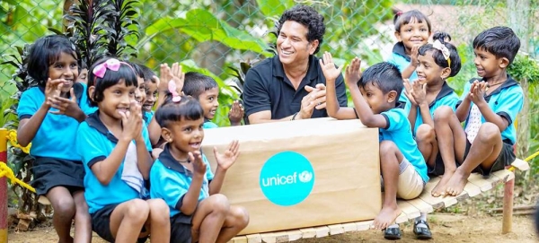 UNICEF Regional Goodwill Ambassador for South Asia Sachin Tendulkar meets children on his visit to Sri Lanka in August 2023. — courtesy UNICEF/UNICEF Sri Lanka