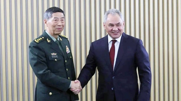 Chinese Defense Minister Li Shangfu met with his Russian counterpart Sergei Shoigu on the sidelines of a security conference in Moscow on Tuesday. — courtesy Russian Defense Ministry/Reuters