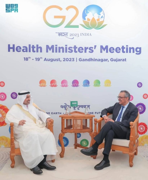 Health Minister Fahad Al-Jalajel met with Tedros Adhanom Ghebreyesus, the director general of the World Health Organization (WHO), in India.