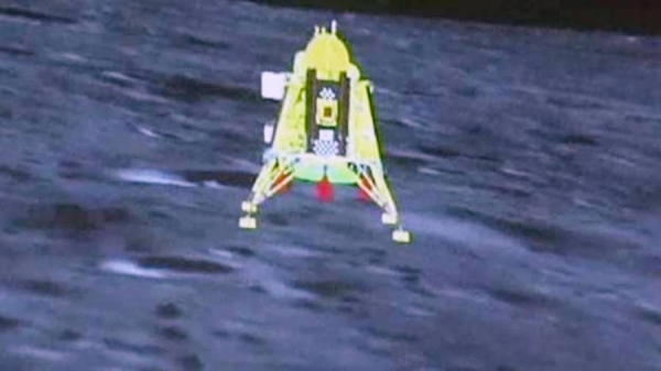 
Chandrayaan-3’s lander touches down on the lunar surface, making India the first country to successfully land a spacecraft near the Moon’s south pole. — courtesy ISRO 