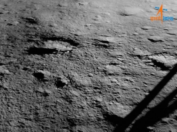 Soon after the touchdown, Isro released an image of the Chandrayaan-3 landing site with one of the four legs of the lander on the right