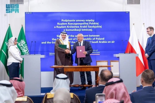 Minister of Transport and Logistics Services Eng. Saleh Al-Jasser with his Polish counterpart Andrzej Adamczyk after signing the agreement in Warsaw.