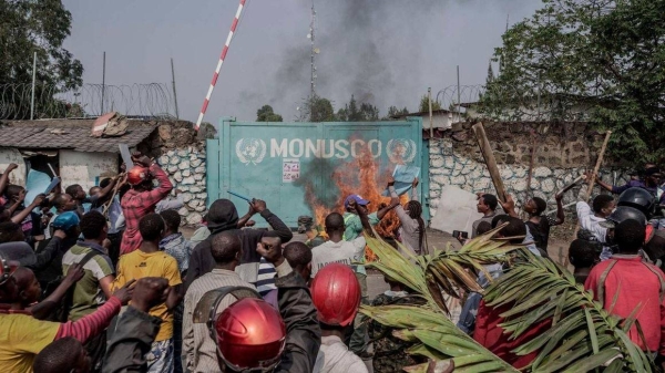 Protesters set fire in front of United Nations Mission for the Stabilisation of Congo Headquarters in Goma, DRC on July 25, 2022.