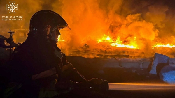 A firefighter works at a site which was hit during Russia's drone attacks in Odesa region, Ukraine September 3, 2023. Press service of the State Emergency Service of Ukraine in Odesa region/Handout via REUTERS ATTENTION EDITORS - THIS IMAGE HAS BEEN SUPPLIED BY A THIRD PARTY. MANDATORY CREDIT. DO NOT OBSCURE LOGO.