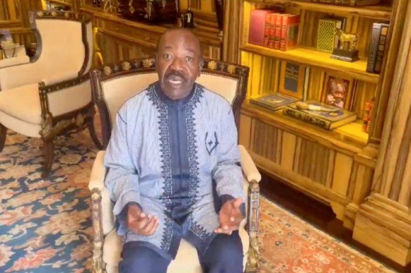 Ali Bongo Ondimba, makes a statement after his country's military seized power on August 30