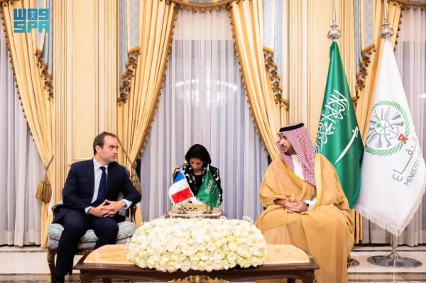  Prince Khalid bin Salman receives French Armed Forces Minister Sébastien Lecornu at his office in Riyadh