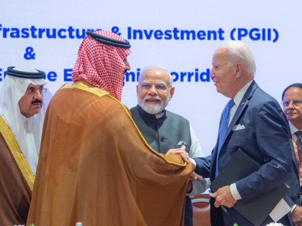 Handshake by Crown Prince Mohammed bin Salman, India's Prime Minister Narendra Modi and US President Joe Biden at PGII & India Middle East Europe connectivity corridor launch event in New Delhi.