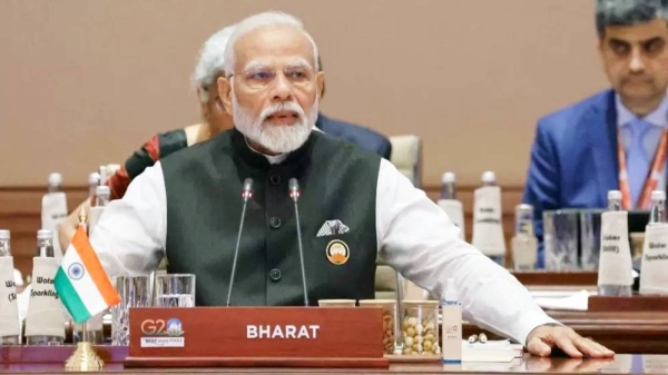 India’s Prime Minister Narendra Modi (C) speaks during the first session of the G20 Leaders’ Summit at the Bharat Mandapam in New Delhi on Friday. — courtesy Getty Images