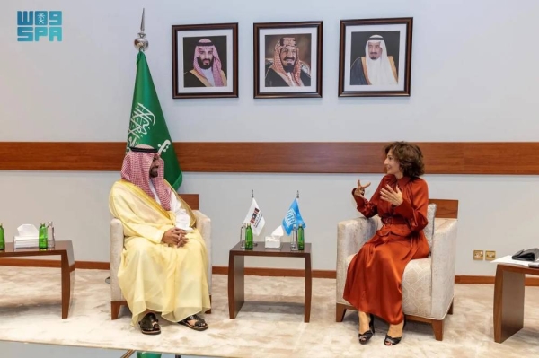 Minister of Culture Prince Badr bin Farhan holds talks with UNESCO chief Audrey Azoulay in Riyadh.