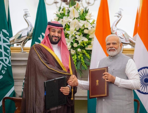 Crown Prince and Prime Minister Mohammed bin Salman and Prime Minister Narendra Modi at the India-Saudi Strategic Partnership Council Meeting in Delhi.