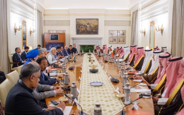 Crown Prince and Prime Minister Mohammed bin Salman and Prime Minister Narendra Modi at the India-Saudi Strategic Partnership Council Meeting in Delhi.