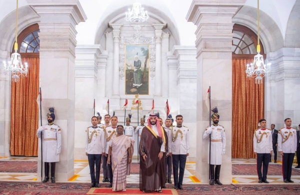 India’s President Droupadi Murmu receiving Saudi Crown Prince and Prime Minister Mohammed bin Salman at the Presidential Palace in New Delhi on Monday.
