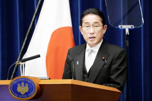 Japanese Prime Minister Fumio Kishida attends a press conference at the premier's office in Tokyo after a Cabinet reshuffle on Wednesday. — courtesy Kyodo