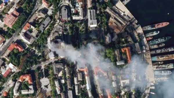 Satellite image of Ukrainian missile hitting Russia’s Black Sea fleet HQ. — courtesy Reuters