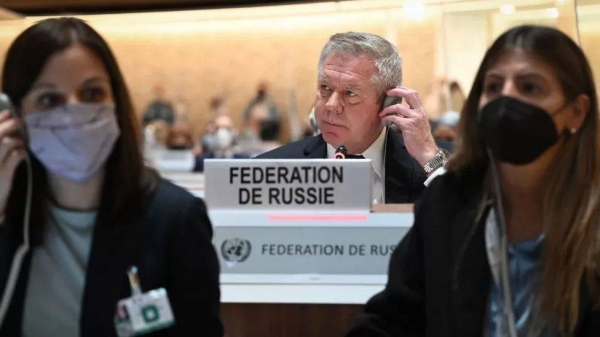 Russian ambassador Gennady Gatilov at a session of the UN Human Rights Council before Russia was suspended