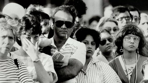 Mourners at the Nathan Phillips Square in Toronto a day after the bombing in 1985