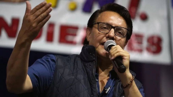 Presidential hopeful Fernando Villavicencio speaking during the campaign rally minutes before being shot and killed back in August