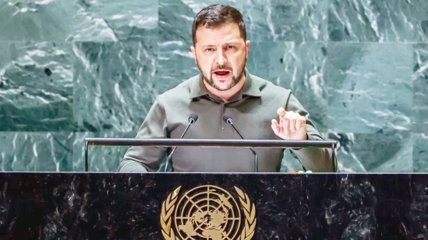 Ukrainian President Volodymyr Zelensky addresses the UN General Assembly in New York. — courtesy EPA-EFE/REX/Shutterstock