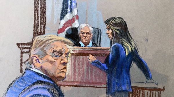 In this artist sketch, former President Donald Trump is seen in court in New York on Monday. — courtesy Christine Cornell