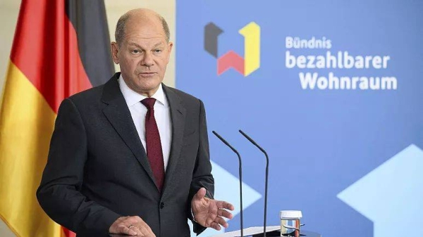 German Chancellor Olaf Scholz speaks at a meeting at the Federal Chancellery in Berlin, Sept. 25, 2023