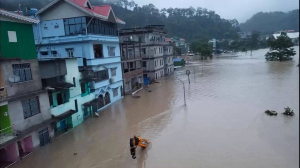 A cloud burst occurred in the north of Sikkim, triggering flash floods