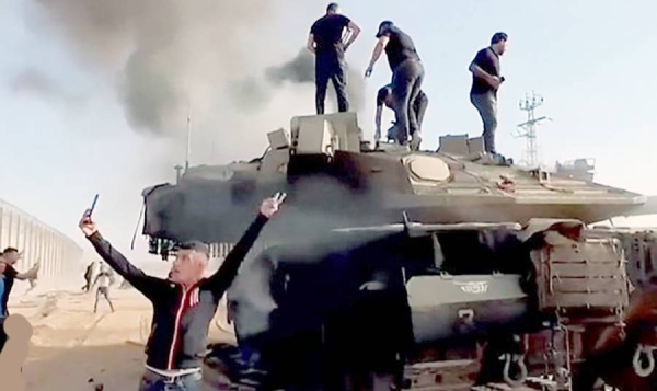 Screengrab purportedly shows captured Israeli tank in Gaza.