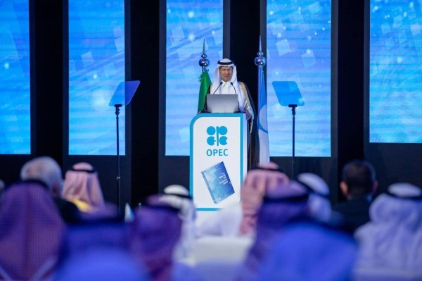 Saudi Energy Minister Prince Abdulaziz bin Salman speaking during the launching ceremony of the Global Oil Vision 2045 in Riyadh on Monday.
