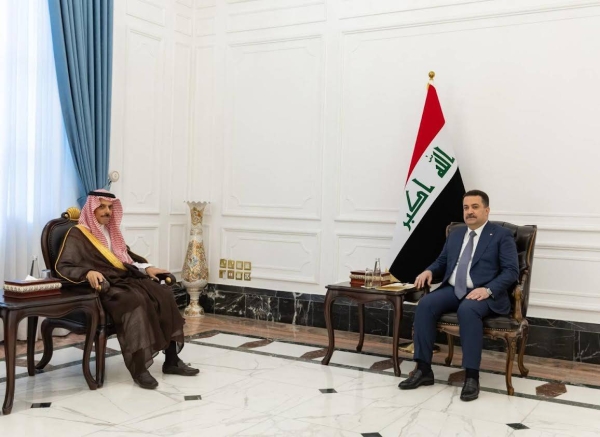 Iraqi Prime Minister Mohammed Shia Al-Sudani receives Saudi Foreign Minister Prince Faisal bin Farhan in Baghdad on Monday.