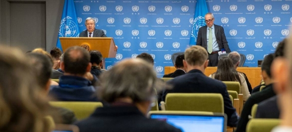 UN Secretary-General António Guterres (at podium) briefs reporters on recent developments in Israel and the Occupied Palestinian Territory. — courtesy UN Photo/Paulo Filgueiras