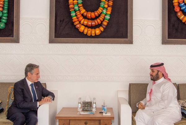 Crown Prince and Prime Minister Mohammed Bin Salman holds talks with US Secretary of State Antony Blinken in Riyadh on Sunday.