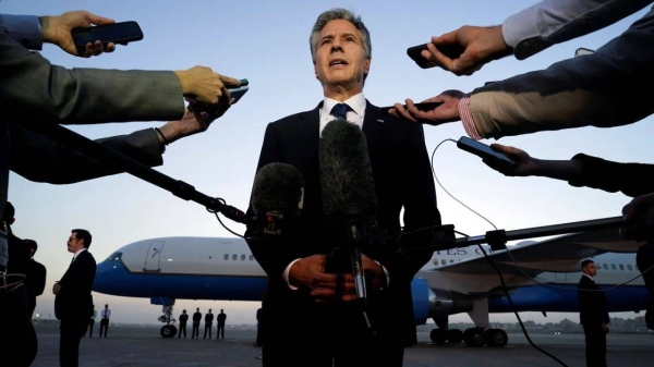 US Secretary of State Antony Blinken speaks to reporters before leaving Cairo on October 15, 2023, en route to Jordan