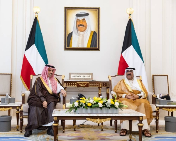Kuwait's Crown Prince Sheikh Mishal Al-Ahmad Al-Jaber Al-Sabah received, on Monday, Saudi Arabia's Foreign Minister Prince Bin Farhan at Bayan Palace in Kuwait City.