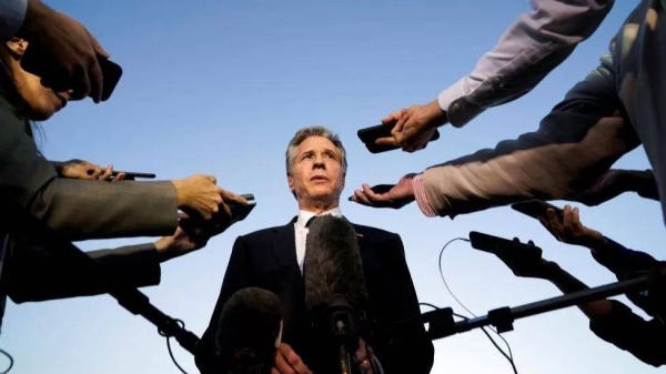 US Secretary of State Antony Blinken speaks to reporters before leaving Cairo on October 15, 2023, en route to Jordan