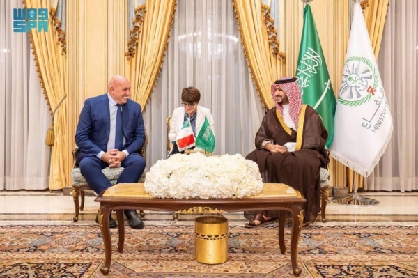 Saudi Minister of Defense Prince Khalid bin Salman receives Italian Defense Minister Guido Crosetto at his office in Riyadh.