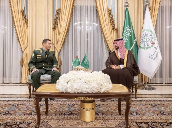 Saudi Minister of Defense Prince Khalid bin Salman receives Italian Defense Minister Guido Crosetto at his office in Riyadh.