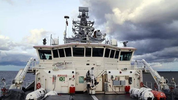 Finnish Border Guard's offshore vessel Turva on patrol at sea, Tuesday, Oct. 10, 2023 near damaged Balticconnector gas pipeline, Gulf of Finland, 10 October 2023