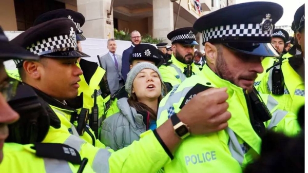 The 20-year-old activist Greta Thunberg was arrested outside the InterContinental Hotel on Park Lane. — courtesy Reuters