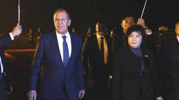 Russian foreign minister Sergei Lavrov welcomed in a ceremony following his arrival in Pyongyang on Wednesday, 18 October