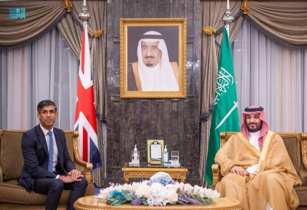 Saudi Crown Prince Mohammed bin Salman met British Prime Minister Rishi Sunak in Riyadh. (SPA)