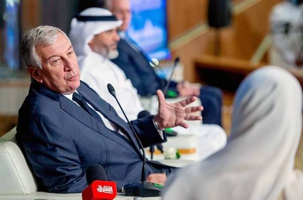 Richard Attias speaks to reporters in Riyadh