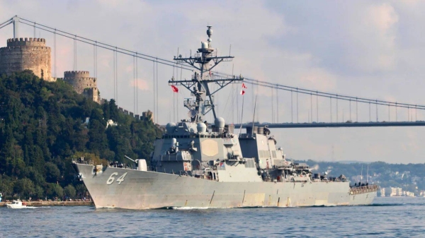 In this 2018 file photo, the US Navy destroyer USS Carney sails in the Bosphorus, on its way to the Mediterranean Sea, in Istanbul, Turkey