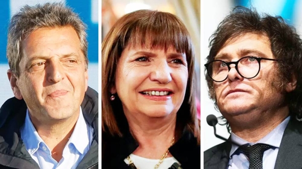 Composite picture of Argentine presidential candidates Sergio Massa, Patricia Bullrich and Javier Milei. — courtesy EPA/Reuters