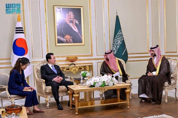 South Korean President Yoon Suk Yeol holds talks with Minister of National Guard Prince Abdullah bin Bandar, and Minister of Defense Prince Khalid bin Salman at his residence in Riyadh on Monday.