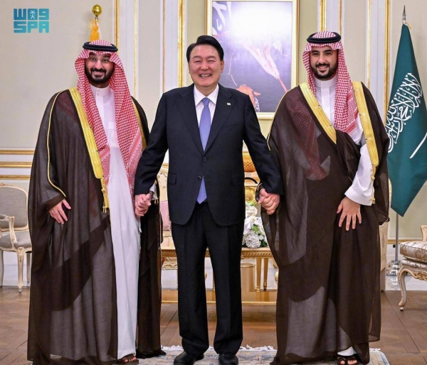 South Korean President Yoon Suk Yeol holds talks with Minister of National Guard Prince Abdullah bin Bandar, and Minister of Defense Prince Khalid bin Salman at his residence in Riyadh on Monday.