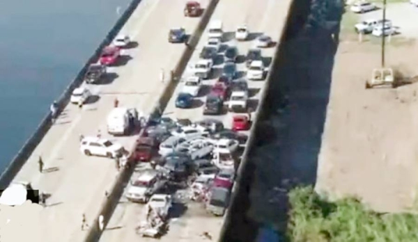 Screengrab shows a portion of deadly 158-car pile-up after ‘super fog’ in New Orleans