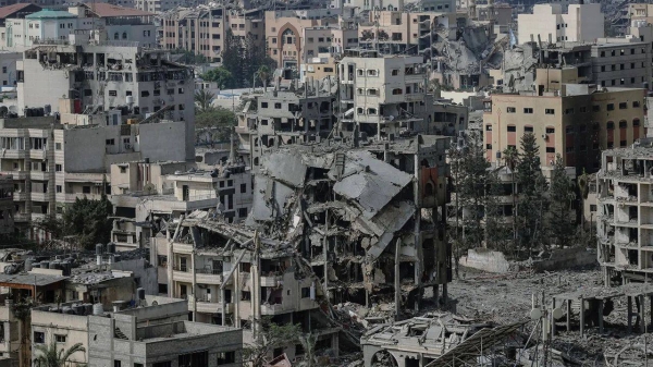 A view of buildings reduced to rubble and ruins by Israeli airstrikes are seen in Gaza on October 23, 2023