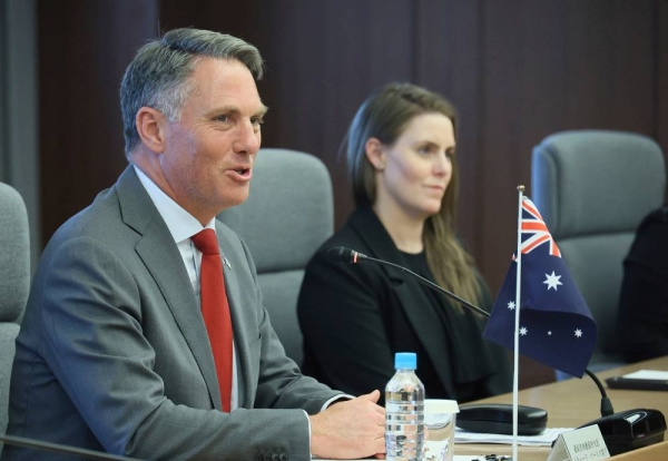 Australian Defense Richard Marles (L) holds a meeting with his Japanese counterpart Minoru Kihara at the Defense Ministry in Shinjuku Ward in Tokyo on Oct. 19, 2023. ( The Yomiuri Shimbun via AP Images )